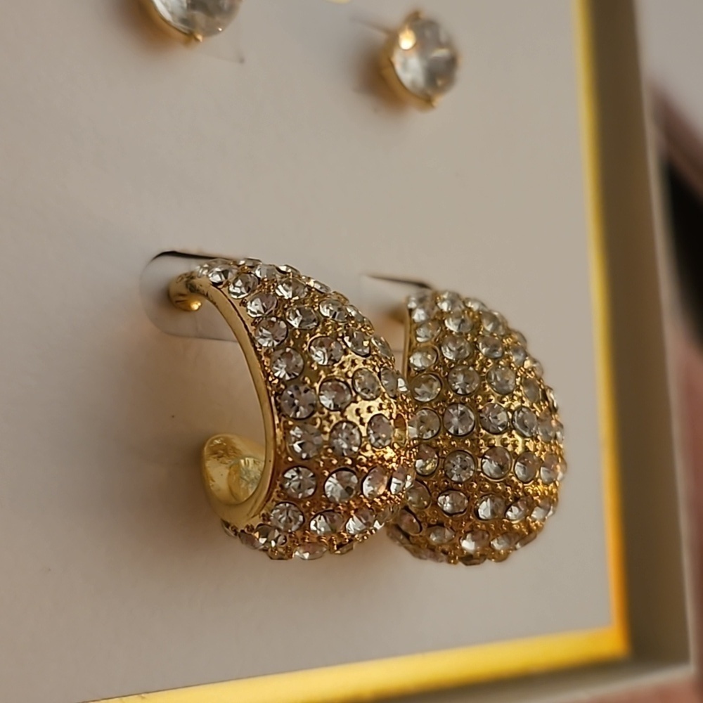 JESSICA SIMPSON Goldtone Paved Chunky Hoop and Solitaire Post Earrings - Picture 3 of 6